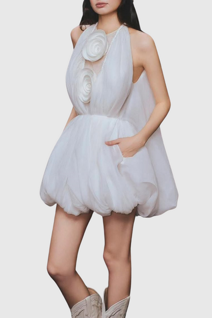 Tlora Applique Halter Puffy Mini Dress