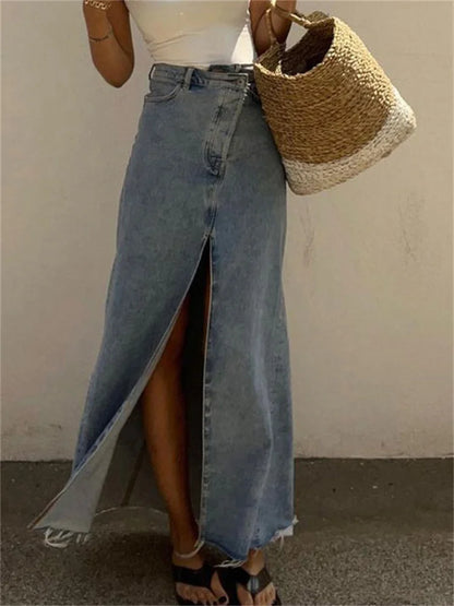 New High Waist Denim Skirts Spilt Out Maxi Jean Skirt Summer Holiday Long Skirts