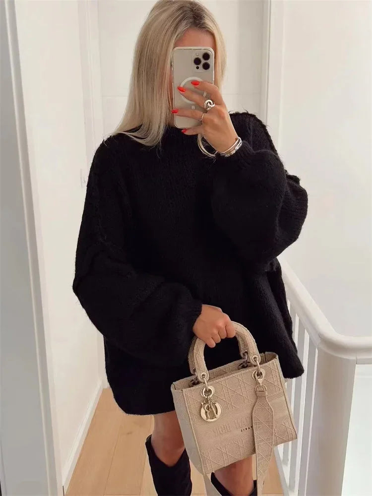 Autumn Knit Sweater Pullover Female Loose Turtleneck Patchwork Oversized Sweater Knitwear High Street Pullover