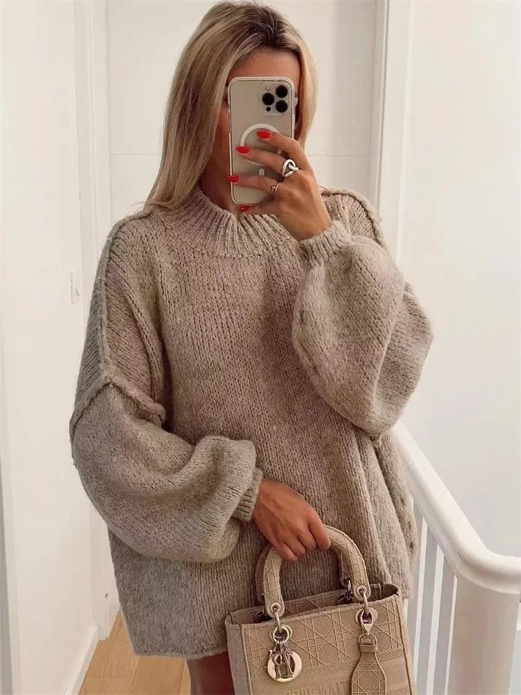 Autumn Knit Sweater Pullover Female Loose Turtleneck Patchwork Oversized Sweater Knitwear High Street Pullover