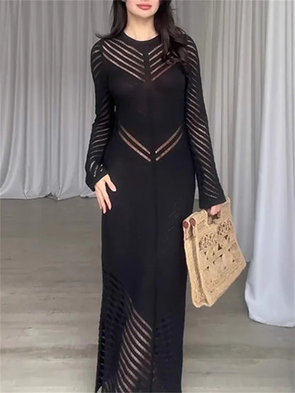 Autumn Black Knit Long Dress for See-through Sleeveless Patchwork Hollow Out Dress ’s Knitwear Dress