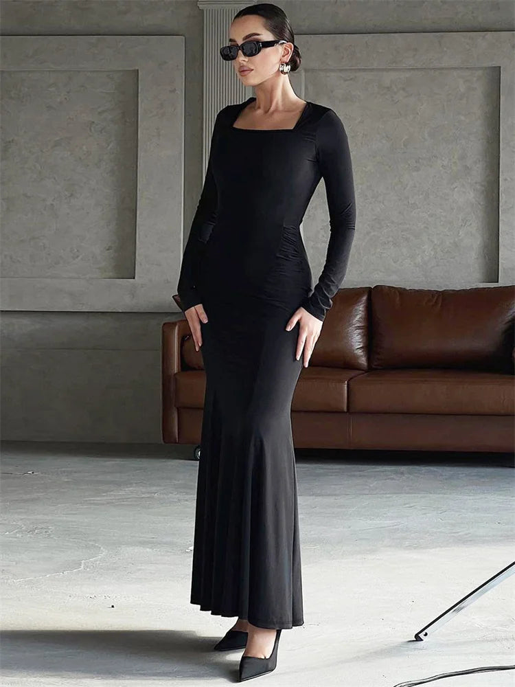 Autumn Black Maxi Dress ’s Square Collar High Waist Slim Party Dress Gown Female Long Dress New
