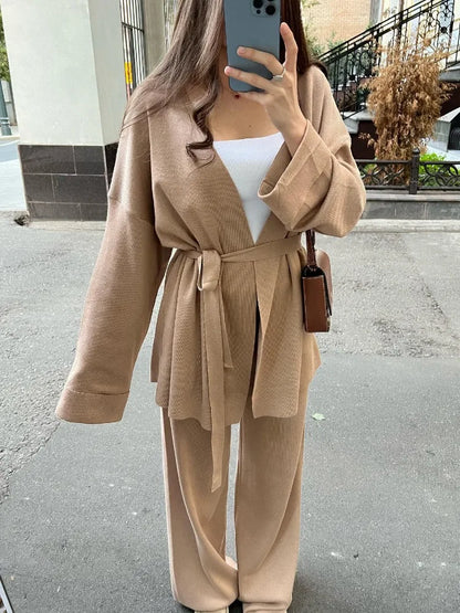 Autumn Knit 3 Piece-set for Outfits Lace-up Vest Outwear Wide Leg Trousers Outfits Pleated Sets