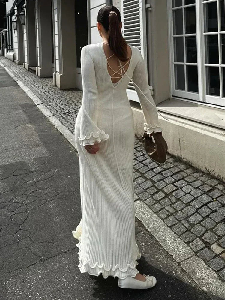 Autumn Ruffled White Maxi Dress Backless Lace-up Slim Ribbed Long Sleeve Patchwork Dress Knitwear Female Long Dress