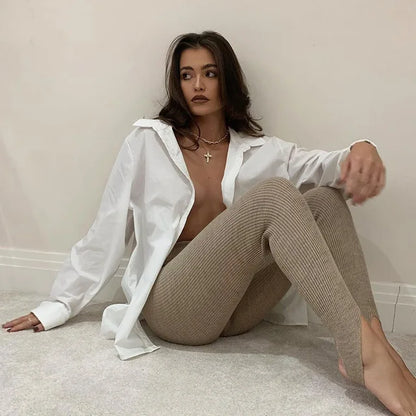 Beige Ribbed Knit Leggings High Waist Cotton Fitness Basic Pants Spring New All-match Female Skinny Leggings