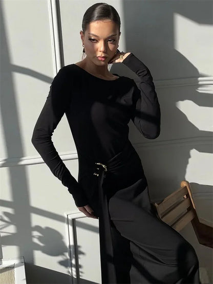 Black Lace-up Long Dress for Skinny High Waist Patchwork Side Split Dress Female Party Maxi Dress