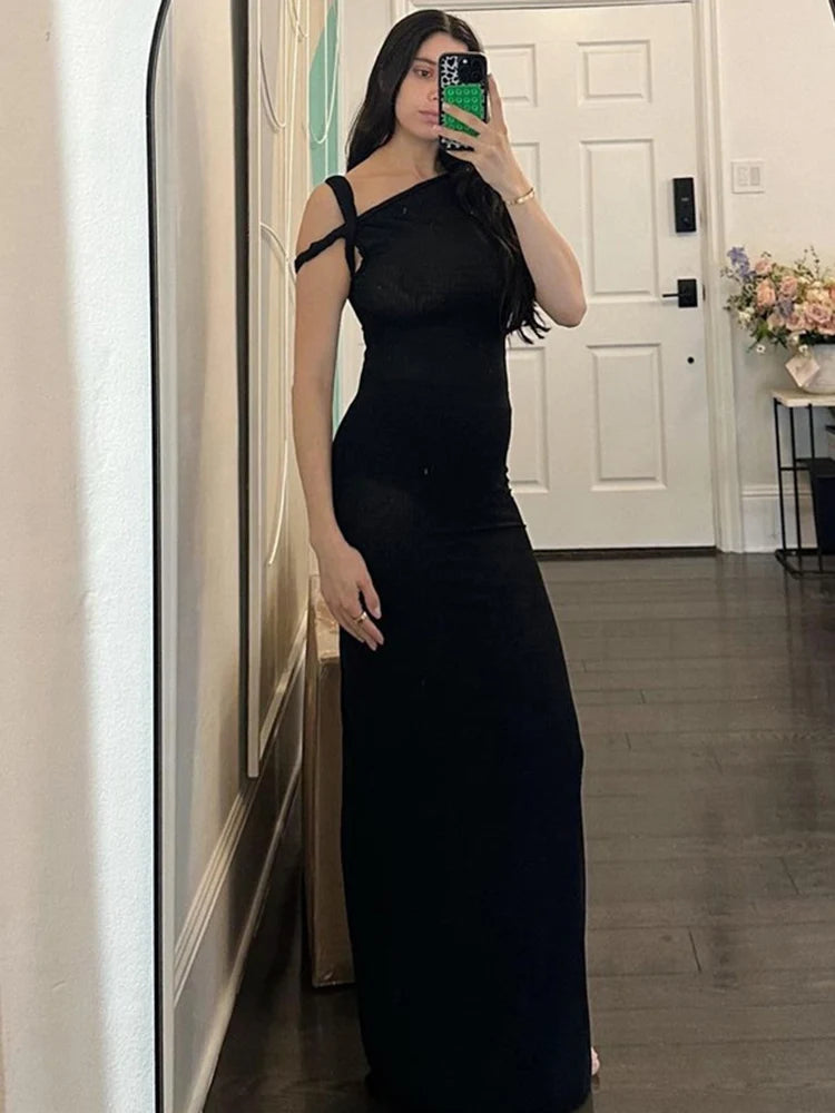 Black Long Dress Female Slim High Waist Off-shoulder Evening Partywear Dress One-shoulder Maxi Dress
