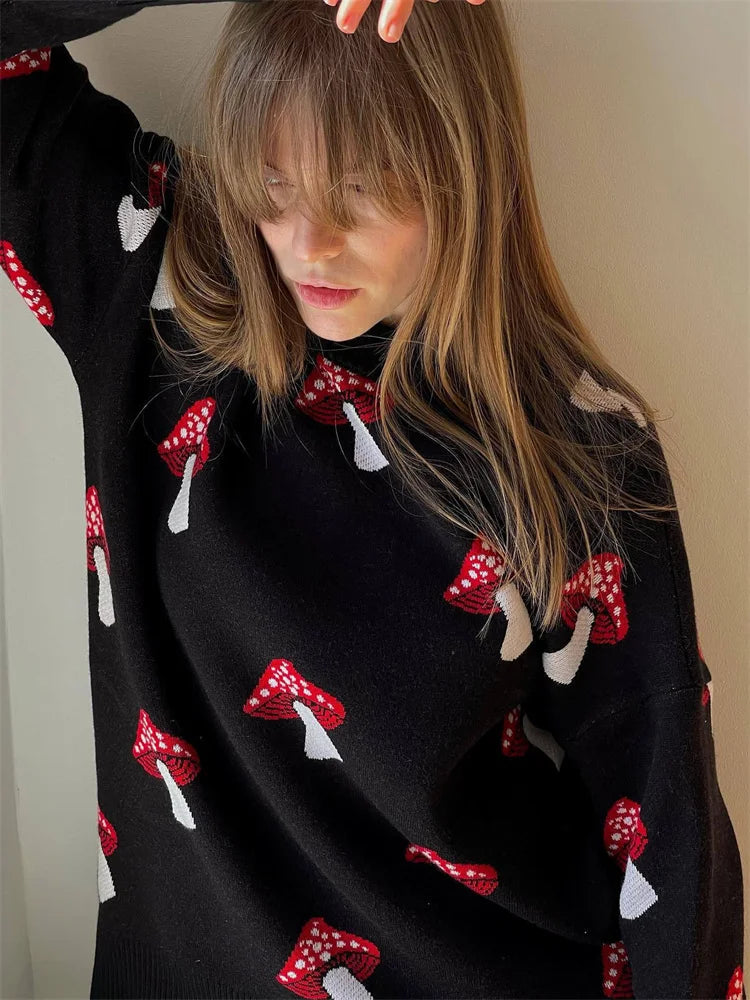 Black Printed Sweater Pullover Knit Long Sleeve Loose Contrast Autumn Female Pullover Knitwear