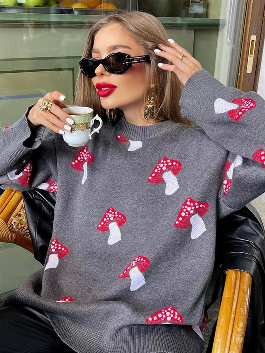Black Printed Sweater Pullover Knit Long Sleeve Loose Contrast Autumn Female Pullover Knitwear