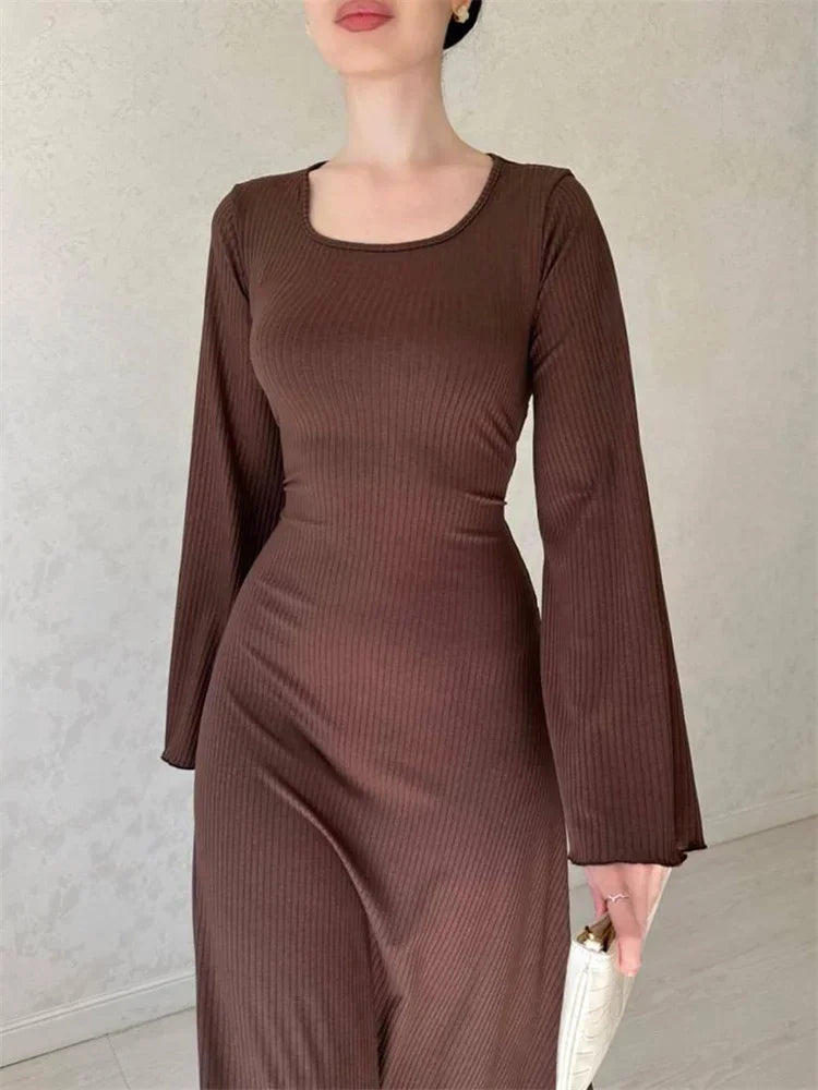 Black Ribbed Maxi Dress for Loose Slim High Waist Long Sleeve Party Dress Female Autumn Dress