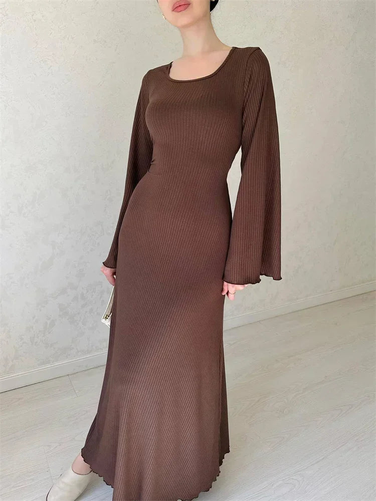 Black Ribbed Maxi Dress for Loose Slim High Waist Long Sleeve Party Dress Female Autumn Dress