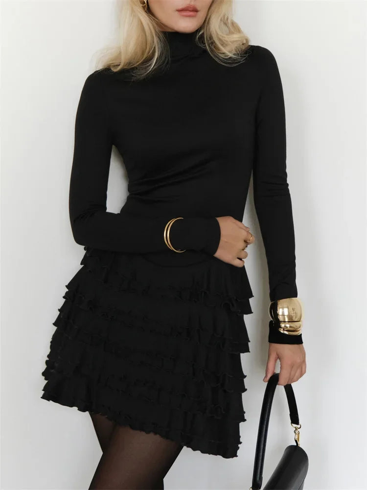 Black Ruffled Mini Dress ’s Long Sleeve Skinny High Waist Patchwork Dress Female Autumn Party Dress New