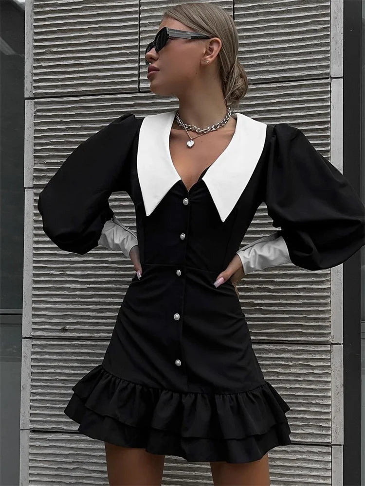 Black Ruffled Patchwork Mini Dress for High Waist V-neck Slim Party Dress Gown ’s Dress