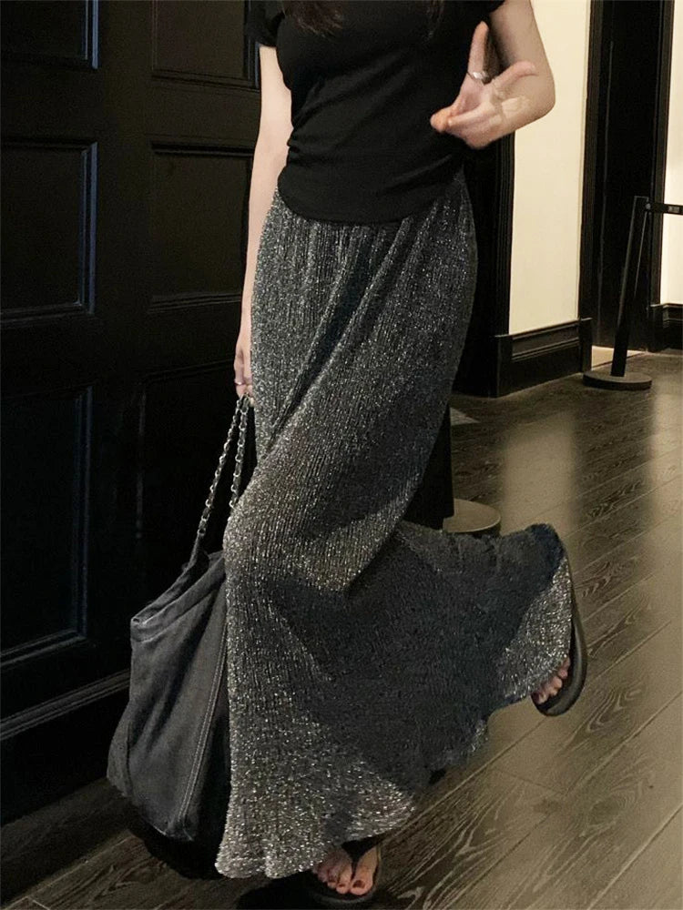Black Sequin Slim Long Skirt High Waist Y2k Maxi Skirt Glitter Long Skirt