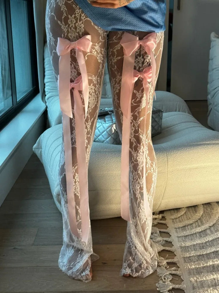 Bow Lace See-through Printed High Waist Mesh ’s Pants