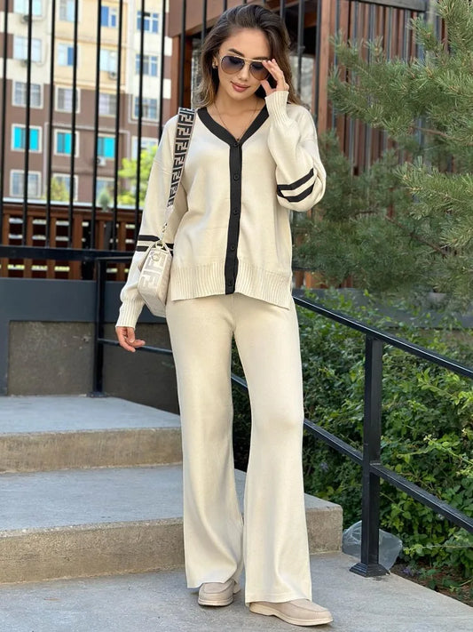 Loose 2 Piece-set Knitwear Contrast for Outwear and Wide Leg Trousers Outfits Knit ’s Pants Sets