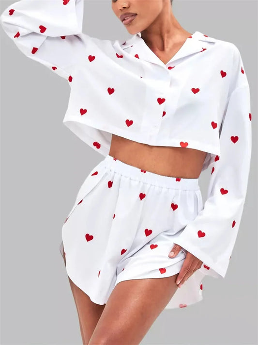 Loose 2 Piece-set Shorts Outfits ’s Patchwork V-neck Cropped Pullover and High Waist Shorts Female Sets