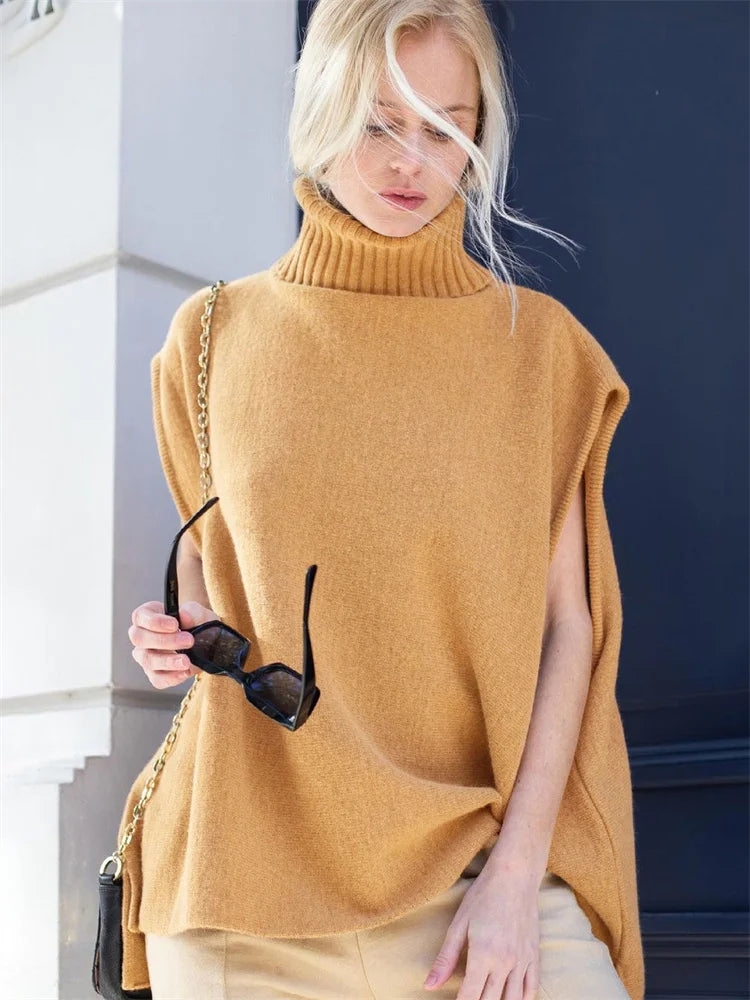 Loose Female Turtleneck Top Sleeveless High Street Knit Pullover Autumn Knitwear Oversized Sweater