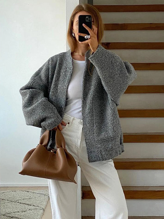 Loose High Waist Outwear Sweater for Long Sleeve Slim Pocket Patchwork Autumn Cardigan Knitwear ’s Coat