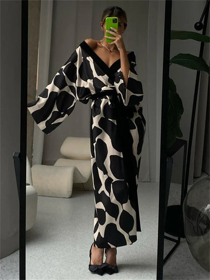 Contrast Loose Lace-up Long Dress Nightwear for V-neck Long Sleeve Autumn Clothes Female Bandage Maxi Dress