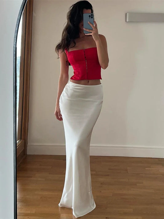 Long Skirt Patchwork for Slim Party Gown Skirt Summer New High Waist Outfits White Y2k Skirt