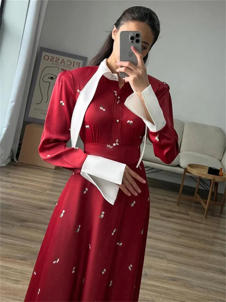 Satin Printed Long Dress ’s High Waist Patchwork Commute Slim Autumn Contrast Dress Female Maxi Dress