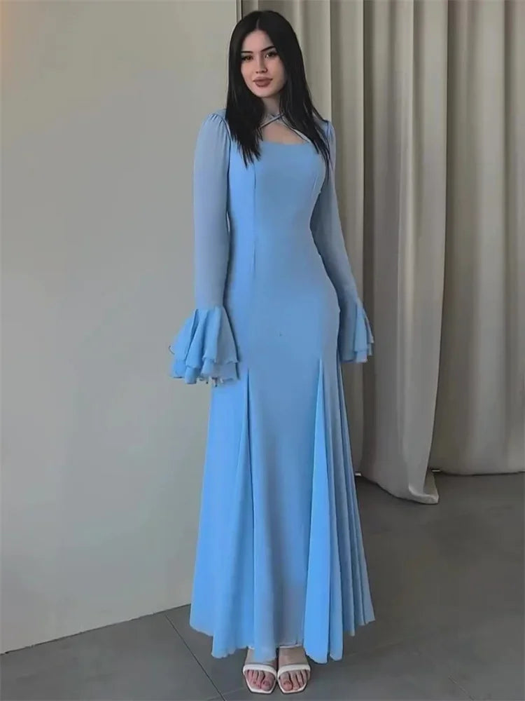 Autumn Ruffled Long Dress Bandage Slim High Waist Patchwork Party Dress ’s Chiffon Maxi Dress