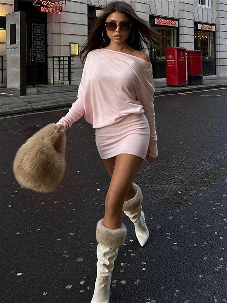 Off-shoulder Patchwork Mini Dress Slim Long Sleeve High Waist Autumn Dress Female Backless Dress