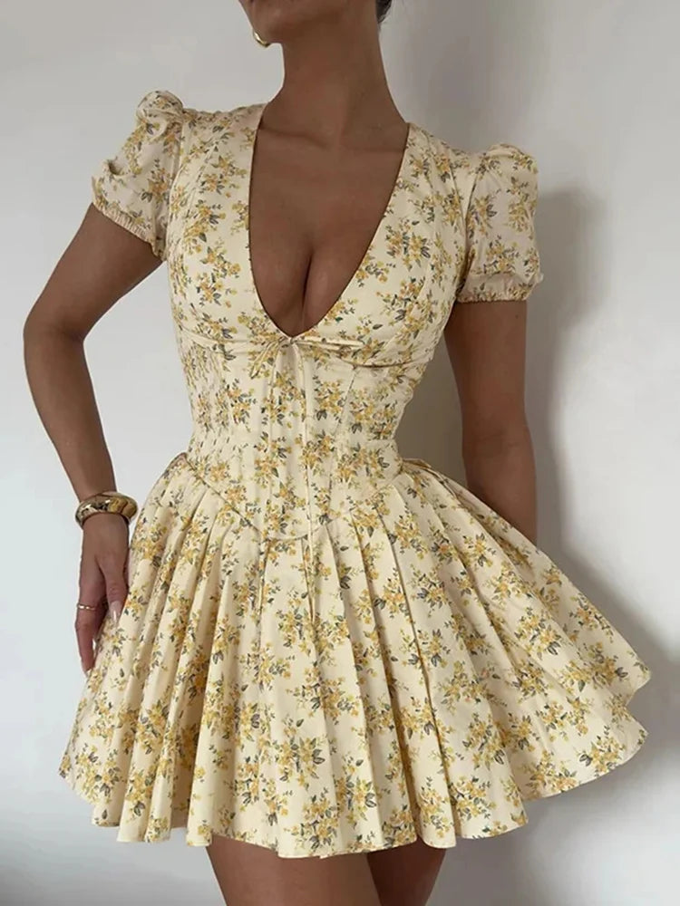 Flower Print Deep V Neck Folds Mini Dress for Patchwork French Sweet Short Sleeve Female Party Short Princess Dress