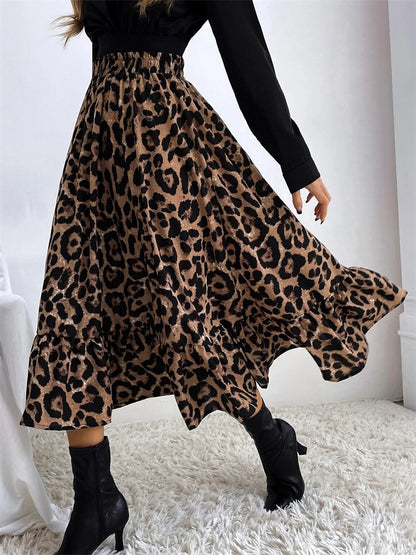 High Waist Leopard Midi Skirt for Printed Long Tulle Skirt Autumn New Chiffon A-line Skirt