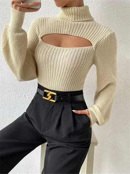 Hollow Out Knit Sweater Pullover for Turtleneck Ribbed High Street Long Sleeve Knitwear Loose Sweater Female
