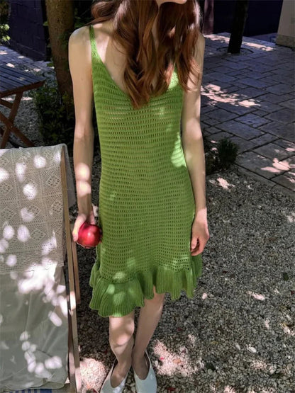 Knit Ruffle Hollow See-through Mini Dress