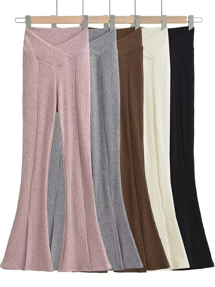 Knit Skinny Flared Trousers Split Out Trousers for Cross Low Waist White Flared Pants New