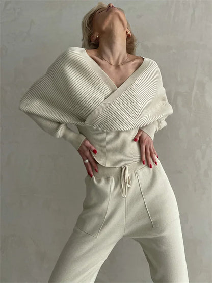 Knit V-neck Pullover 2 Piece-set for Patchwork Sweater and High Waist Drawstring ’s Pants Sets Outfits