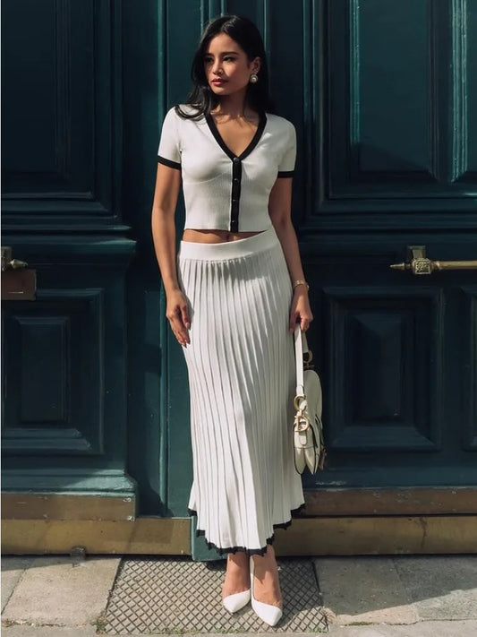 Knitted Fold Skirt Two Pieces Set Deep V Neck Short T-shirt Knitwear High Waist Skirt Patchwork Female Sets Summer