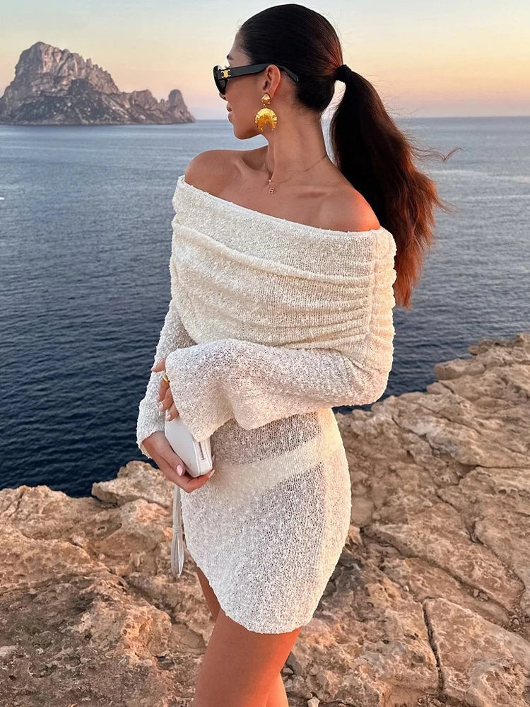 Knitted Hollow Blouse Mini Dress ’s Summer Row Neck Slim Long Sleeve Color Hip Beach Vacation Mini Dress