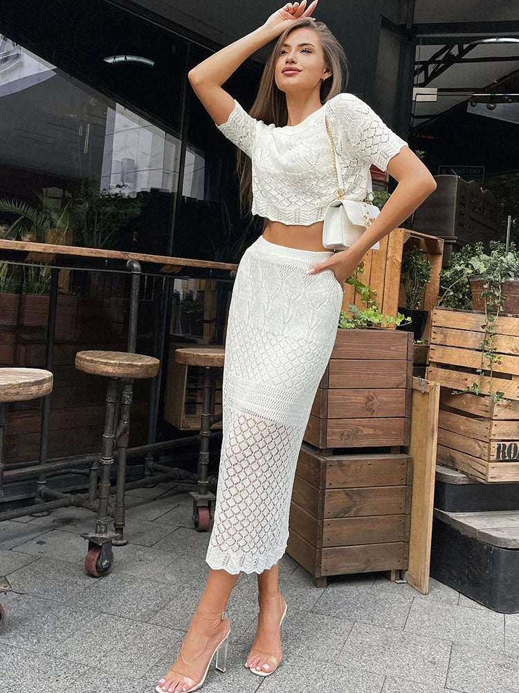Knitted White Short Sleeve T-shirt Skirt Set Hollow See Through High Waisted Slim Fit Hip Wrap Two Piece Sets