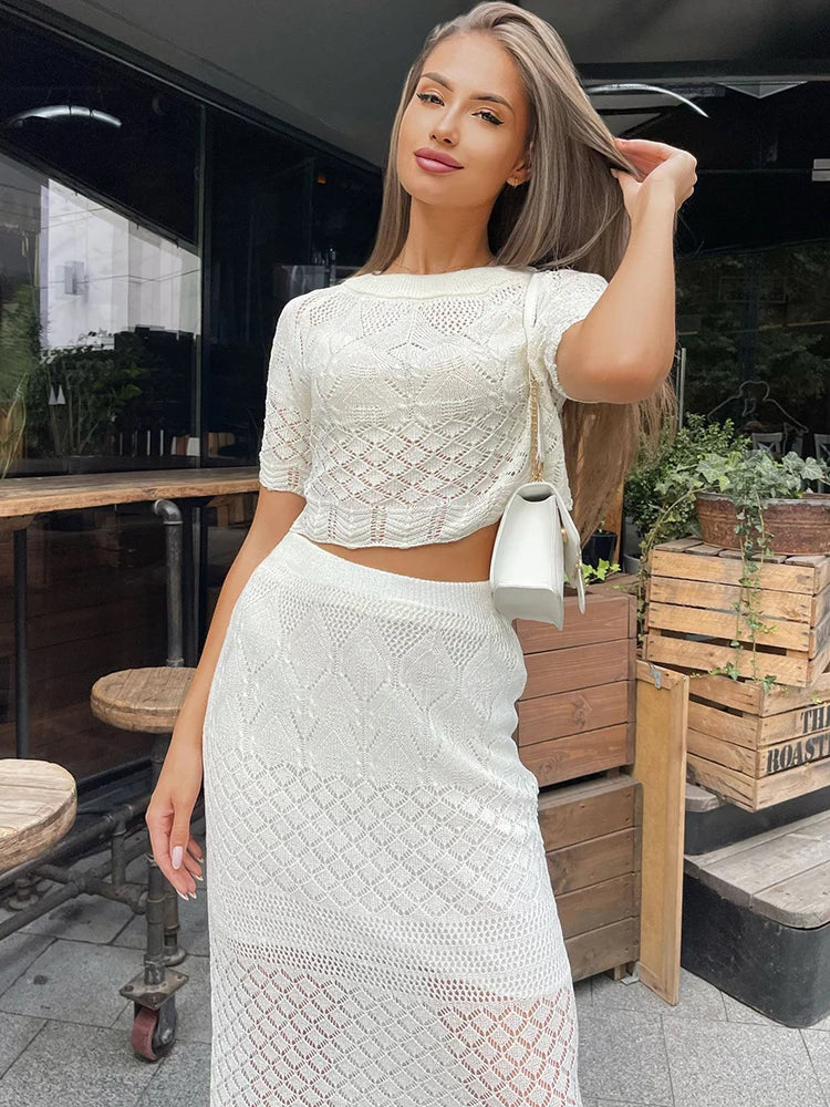 Knitted White Short Sleeve T-shirt Skirt Set Hollow See Through High Waisted Slim Fit Hip Wrap Two Piece Sets