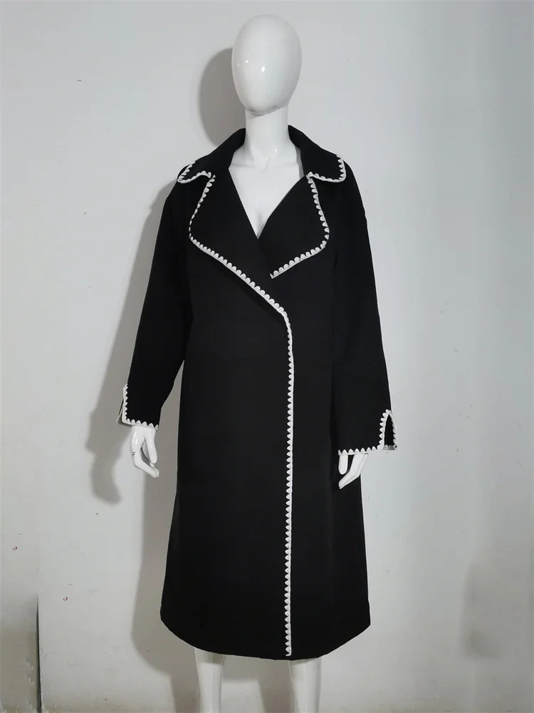 Lapel Contrast Loose Outwear Female Patchwork High Waist Long Sleeve Winter Patchwork Coat