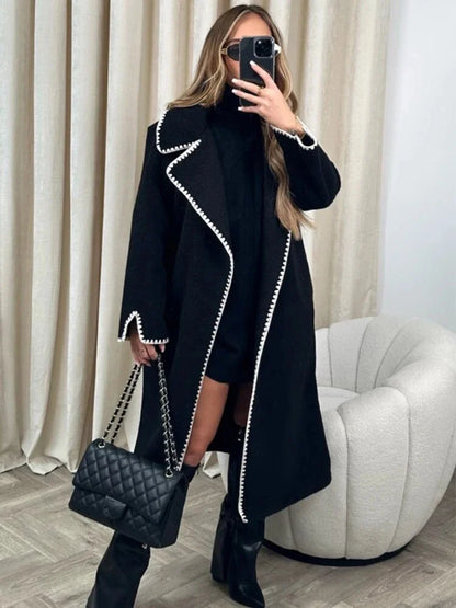 Lapel Contrast Loose Outwear Female Patchwork High Waist Long Sleeve Winter Patchwork Coat