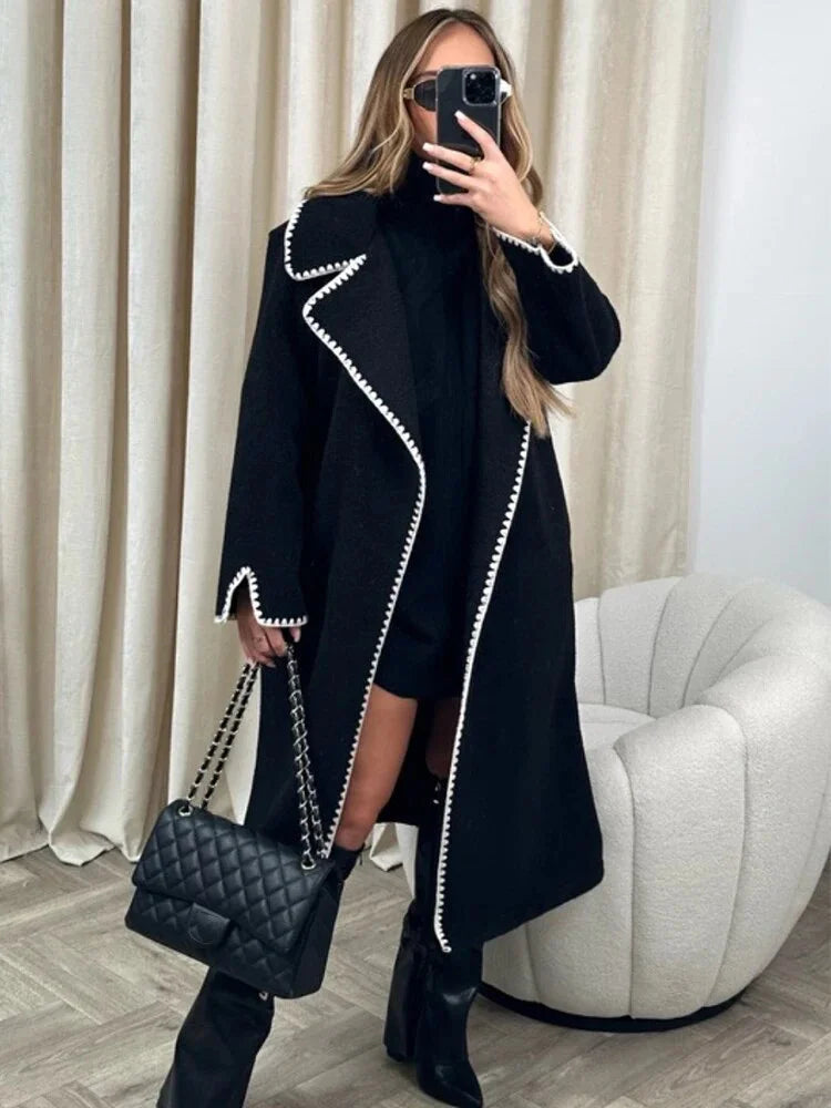 Lapel Contrast Loose Outwear Female Patchwork High Waist Long Sleeve Winter Patchwork Coat