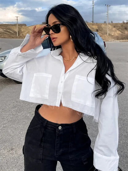 Lapel Pocket Shirts for Long Sleeve Loose Patchwork Crop Top Y2k Outfit High Street Cardigan Blouse
