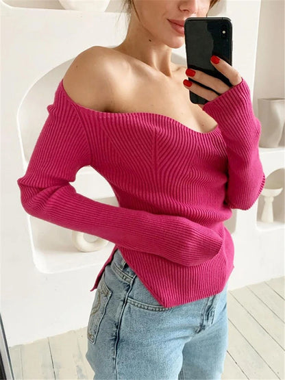 Long Sleeve Sweater Autumn Knit Ribbed Top Knitted Tops Pullover Off-shoulder Knitwear Black
