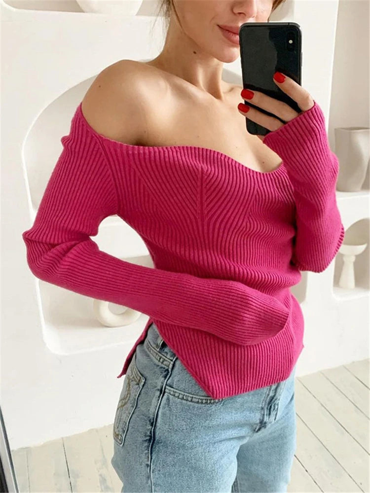 Long Sleeve Sweater Autumn Knit Ribbed Top Knitted Tops Pullover Off-shoulder Knitwear Black
