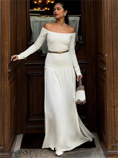 Off-shoulder Patchwork Maxi Dress ’s Commute Autumn Dress Female Backless Long Dress New