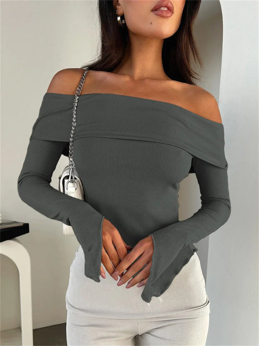 Off-shoulder Ribbed Slim Crop Top Tee Long Sleeve Patchwork Y2k Top Female T-shirt