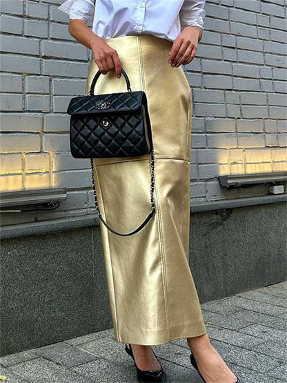 Patchwork High Waist Long Skirt Metallic Slim Pu Maxi Dress Female Autumn Maxi Skirt