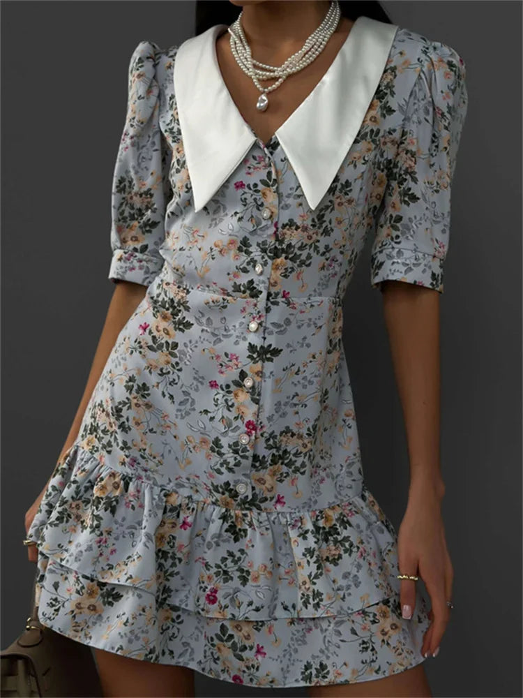 Printed Ruffled V-neck Mini Dress Female Short Sleeve Slim High Waist Party Dress ’s Summer Dress New