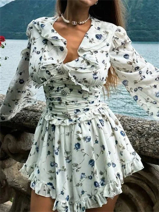 Printed Drawstring Bandage Mini Dress