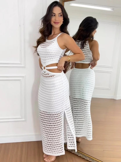 Hollow Out Knit Maxi Dress High Waist Cut Out Mesh Sheer Sleeveless Hem Silt Beach Party Dress Femme